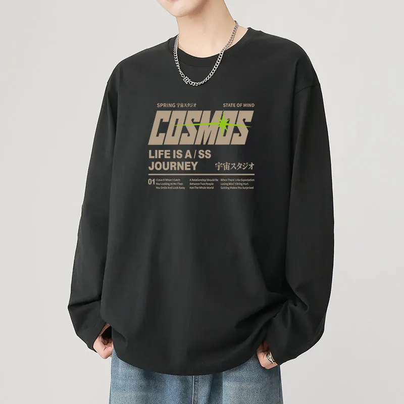 رسالة مطبوعة الرجال طويلة الأكمام تي شيرت القطن بسيط جولة الرقبة فضفاضة الخريف قميص رجالي #5