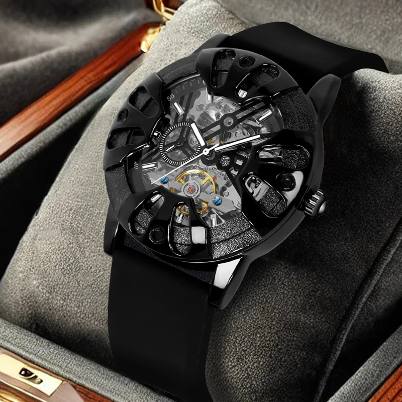 

A stylish men's sport-styled niche new black case mechanical watch with a black strap