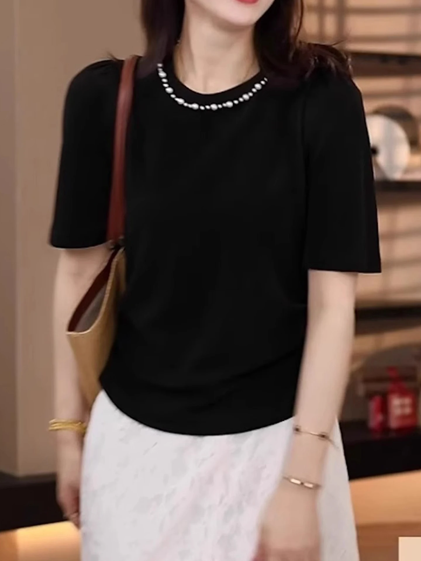 Cseta de Manga Curta com Decote Redondo e Design E em Cor Sólida, Sensação de Verão 2025, Estilo de Trabalho, Cs...