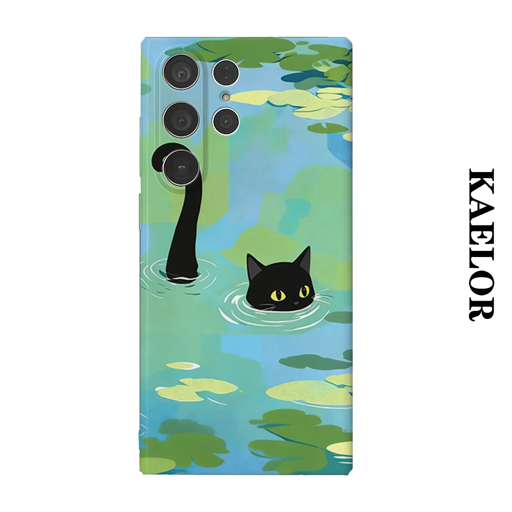 Pond Black Cat Durable Shiny Double-layer Case for Samsung S26 Ultra S25 S24 S23 Plus Anti-drop Scratch Resistant Cover
