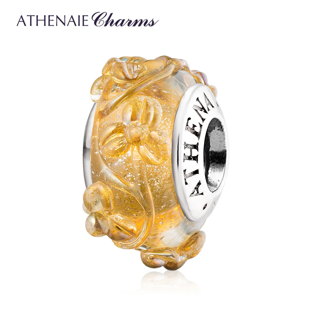 ATHENAIE Golden Blossom Murano Glass Charm Bead 925 Sterling Silver Core Handmade Authentic Jewelry Gift Fits European Bracelet