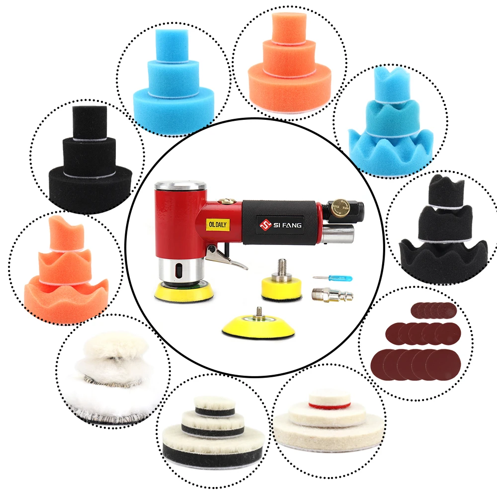 2\'\' 3\'\' Mini Orbital Air Sander Right Angle Pneumatic Polisher Machine & Polishing Sponge Pads for Auto Body Waxing Buffing Kits