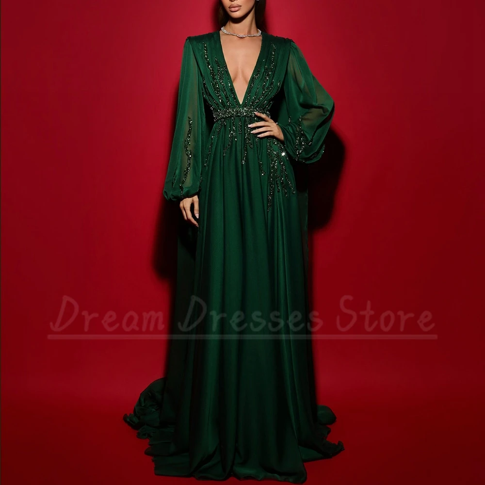 Exquisite Beading Belt Evening Dress Sexy Deep V-Neck A-Line Floor Length Ladies with Lantern Long Sleeves Chiffon Party Gowns