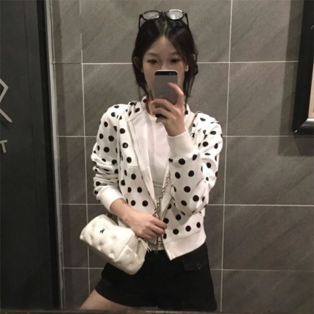 Fashion Polka Dot Printing Women Hoodies Slim Fit Zipper Closure Sweatshirts Casual Zipper Jacket Top for Women