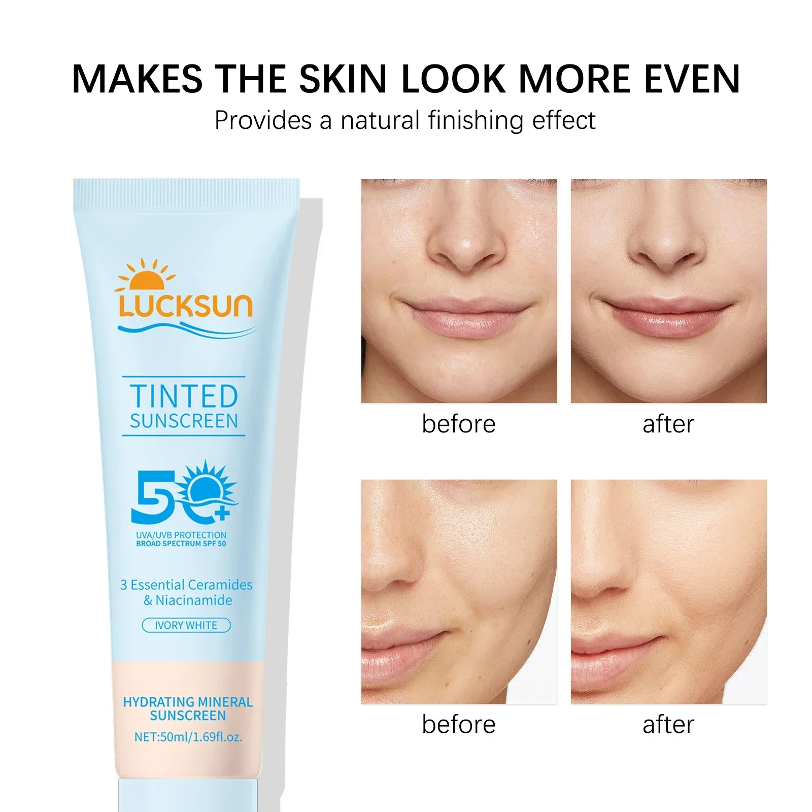 SPF50+ Sunscreen Cream. Offers Long-Lasting UV Protection, Waterproof & Sweatproof. A Tinted, Oil-Control, Moisturizing Cosmetic