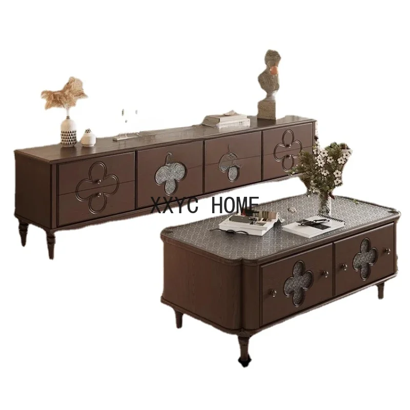 

Solid Wood Clover Coffee Table TV Cabinet Combination Small Apartment American Living Room Household Cabinet