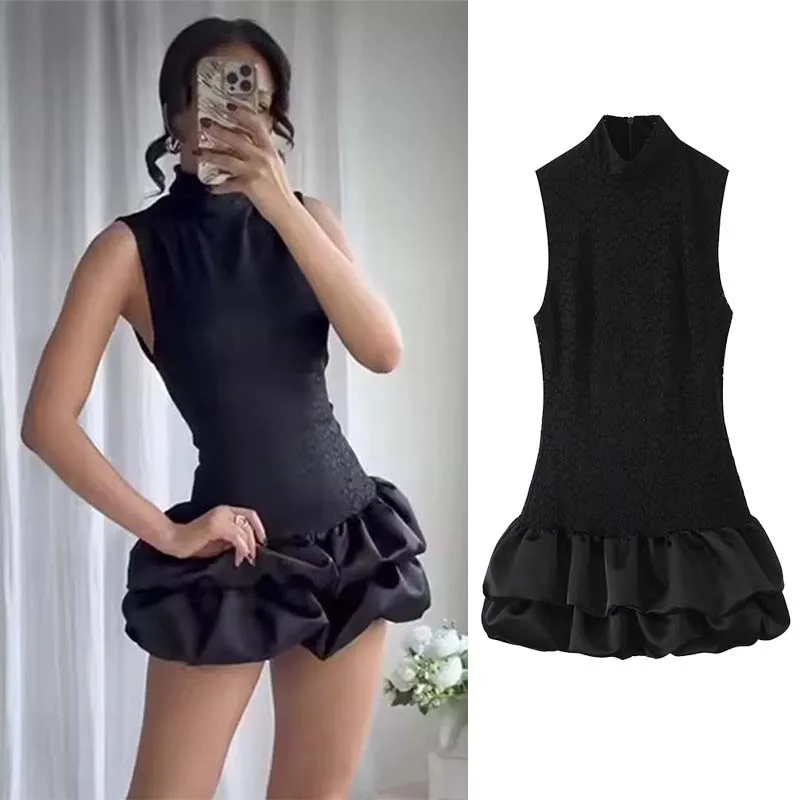 Frauen Mode Sexy Spitze Röcke 2025, Frauen Herbst Neue Ärmellose Falten Spitze Splice Kleid Frauen Hight Street Elegante Party Kleid