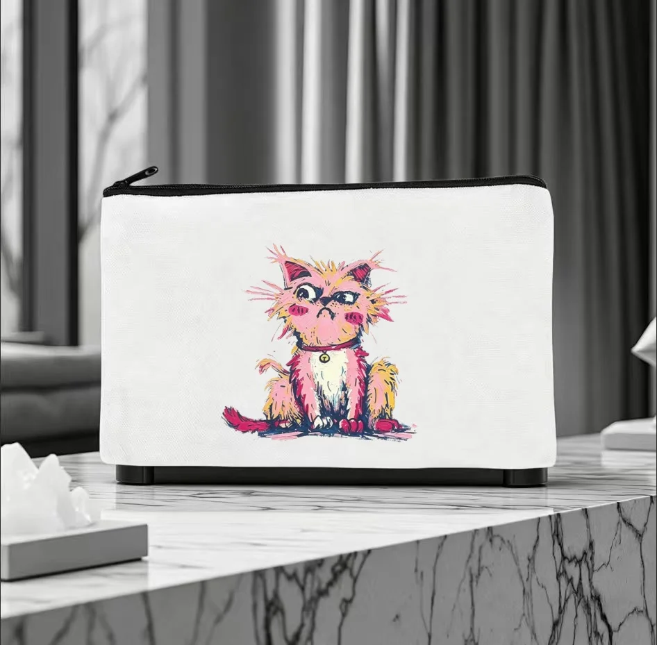 1PC Sketch Grumpy Pink Fluffy Cat Bell Collar Canvas Cosmetic Bag Double Sided Portable Travel Zipper Pouch