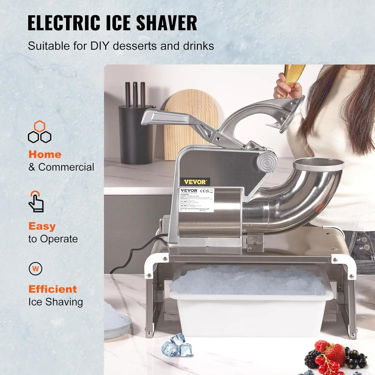 Commercial Snow Cone Machine, 500LB/H Snow Cone Maker, Electric Shaved Ice Machine w/Dual Blades, Stainless Steel Ice Crusher Sh