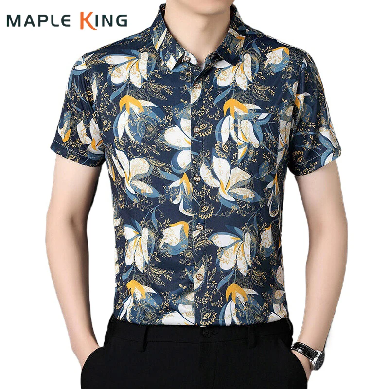 

Gold Bronzing Floral Printed Dress Shirts Man Summer Clothing 2025 Casual Ice Silk Camisa Corta Hombre Mens Shirt Hawaiian Tops