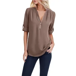 Camisa elegante con cuello en V Para Mujer, Blusa plisada de manga larga con cremallera, ropa de talla grande, otoño