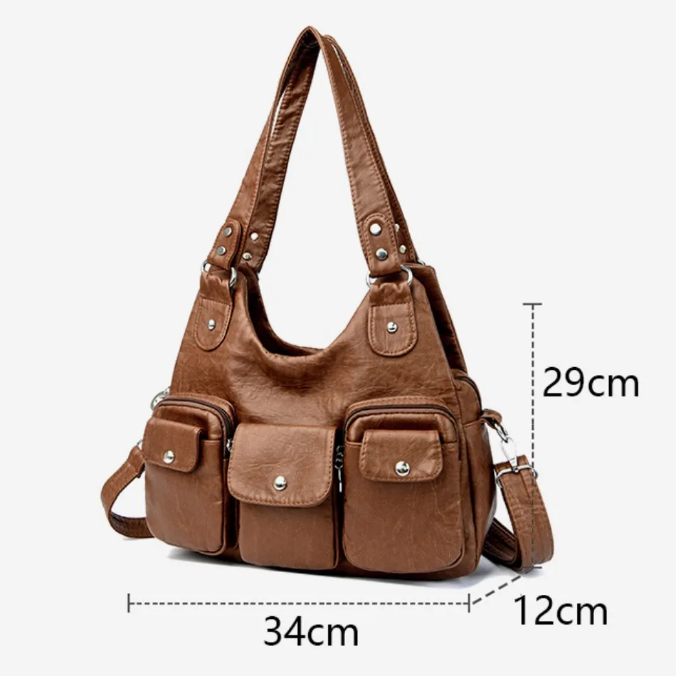 Women Casual Multiple Pockets Tote Bag Lady Large Capacity Shoulder Crossbody Bag for Women Vintage Soft Leather Travel Bag Sac