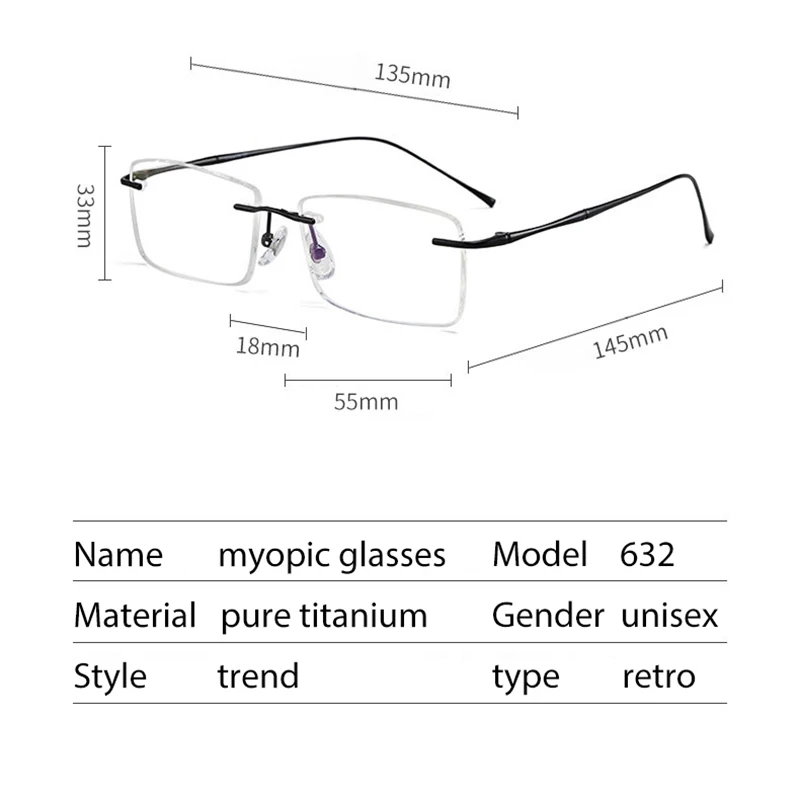 Pure Titanium Customized Lenses Shapes Rimless Glasses Frame Man Optical Prescription Men Business Style Eyeglasses 632