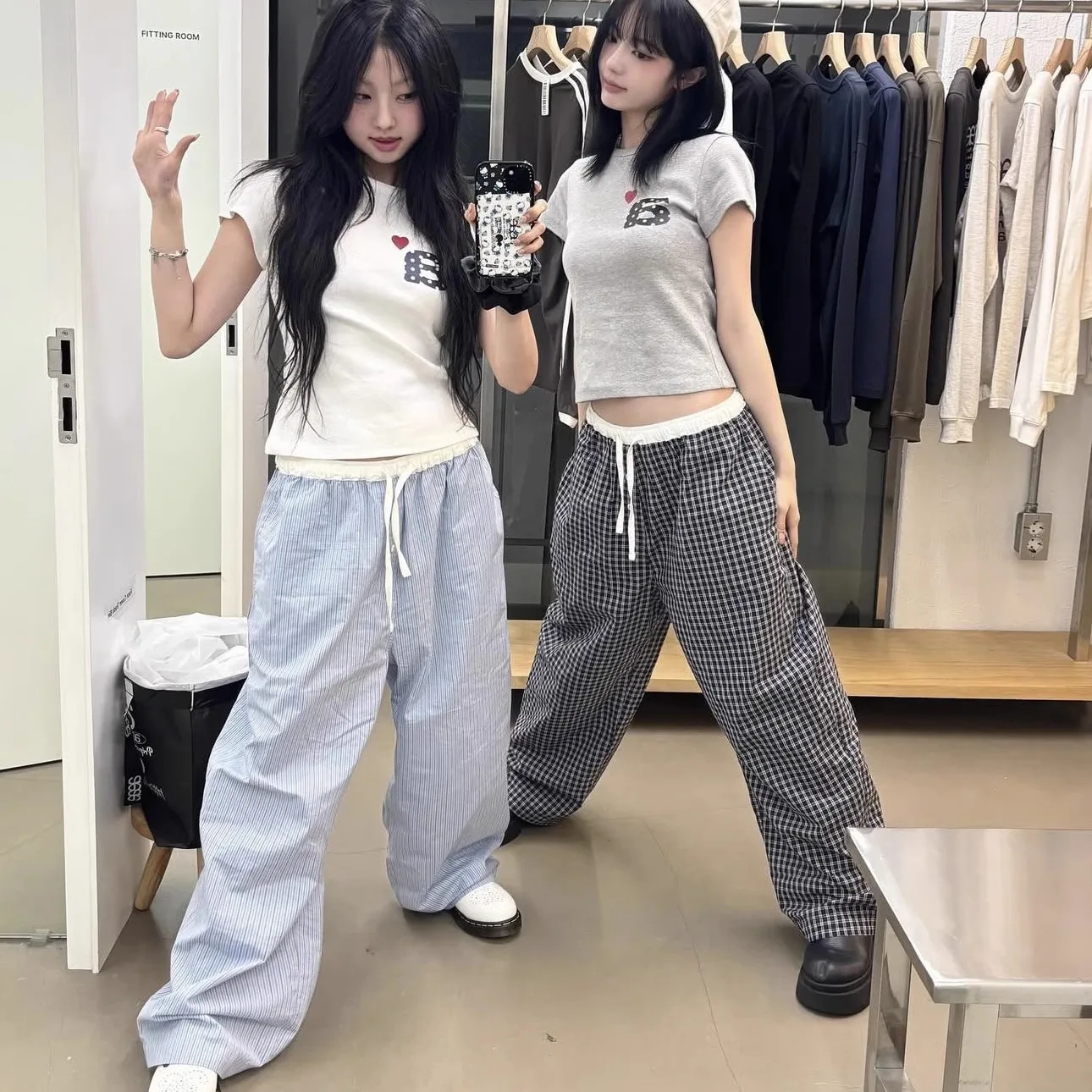 Confortable décontracté imprimé pur coton pantalons longs coréen Sle jambe droite pantalon Dstring taille élastique été nouveauté