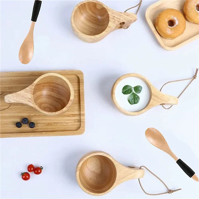 

A04G-6Pack Nordic Style Wooden Cup Kuksa Cup Portable Outdoor Camping Drinking Mug Wooden Coffee Cup With Wooden Spoon