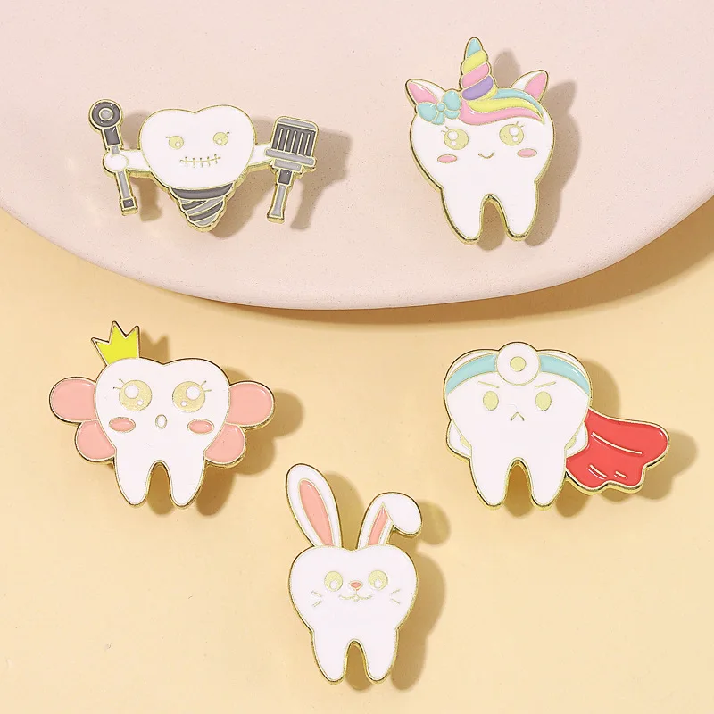 Cute Tooth Brooch Bow Tooth Doctor Screw Fruit Repairman Red Flag Unicorn Crown Healthy Tooth Badge Punk Metal Pins Jewelry Gift