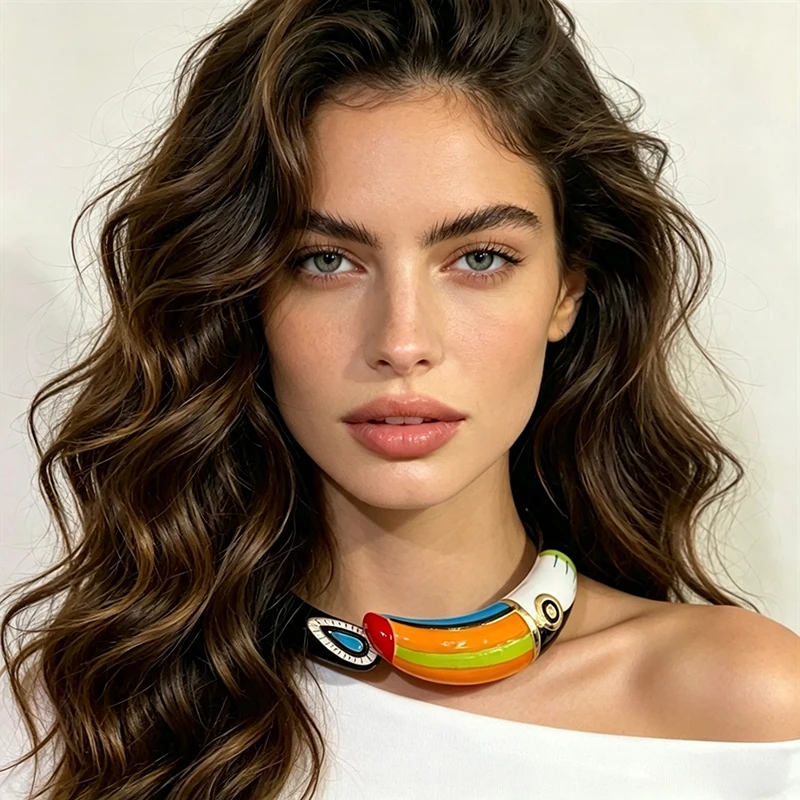 Bold Colorful Toucan Parrot Statement Necklace Collar Tropical Bird Pendant For Boho Festival Creative Outfit Styling Jewelry