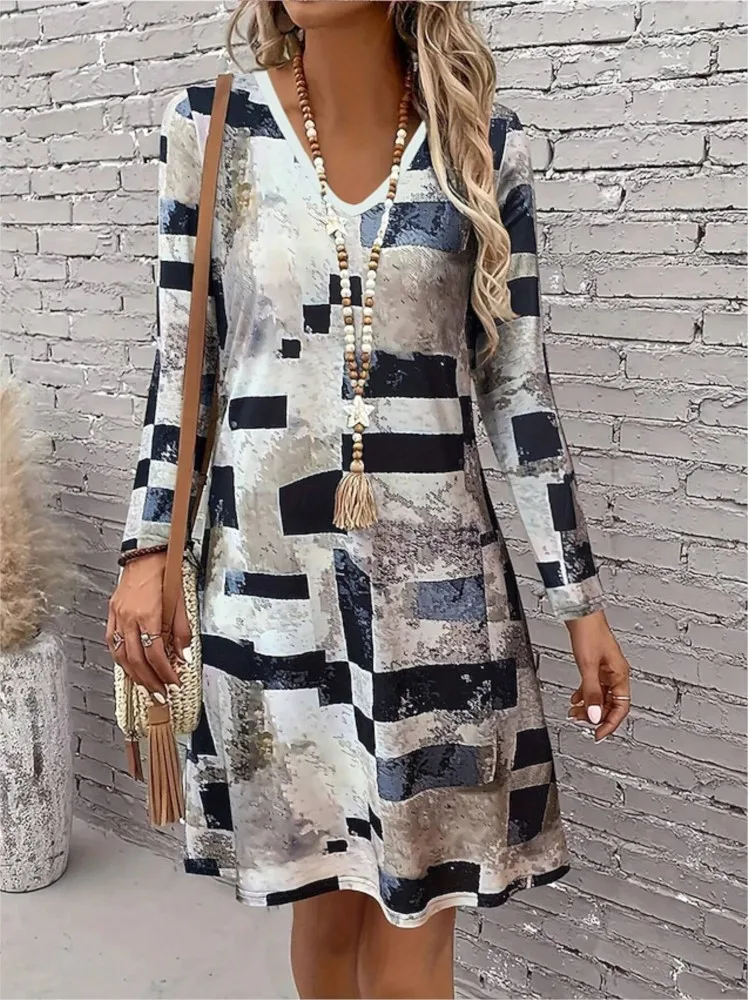

New Autumn Casual V-neck Long-sleeve Loose Dress Fashion Geometric Print Midi Dress For Women 2025 Spring Woman Vestidos