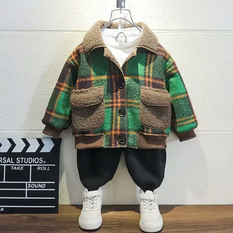 Autumn Winter Baby Boys Thickened Plush Jacket plaid Coats Baseball Clothes Child Fashion Warm Fleece Cotton Clothes Outerwear