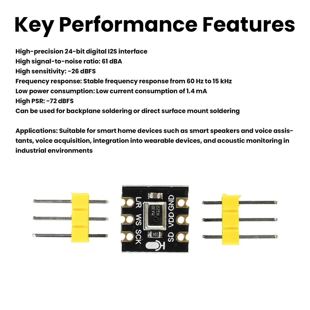 

MS4030 Omnidirectional MEMS Mic Module 24Bit I2S Output 1.6-3.6V Wide Voltage For Wearable Device Acoustic Monitoring