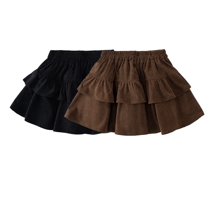 Kids Corduroy Tiered Ruffle Mini Skirt Girls Cake Layer Flared Skirt Vintage Autumn Winter Children Sweet Short Skort Bottoms