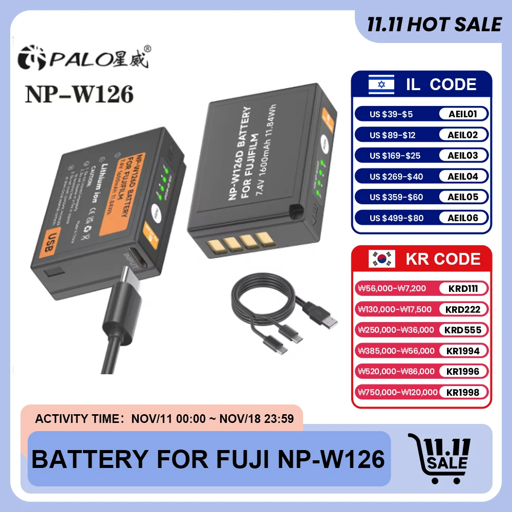 

PALO USB NP-W126S NP-W126 Battery For Fujifilm Fuji X100F X-PRO1 X-PRO2 X-A1/A2/A3/A10 X-E1 X-E2 X-E2S X-E3 X-M1 X-T1/T2/T10