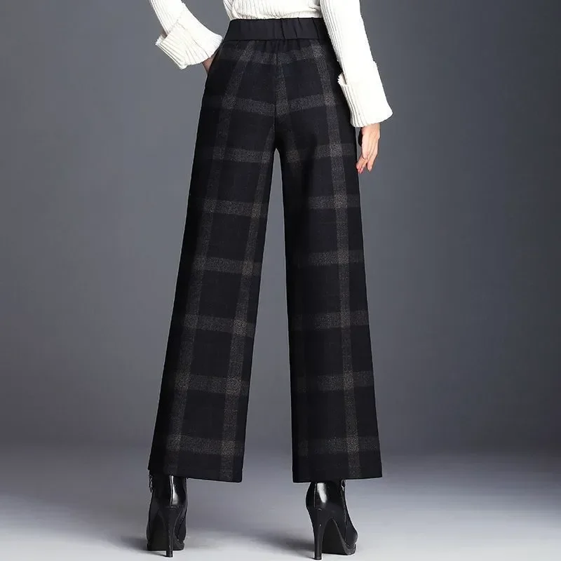 Autumn Winter Wool Thicken Plaid Women Wide Leg Pants High Waist Casual All-match Loose Office Lady Straight Trousers K16