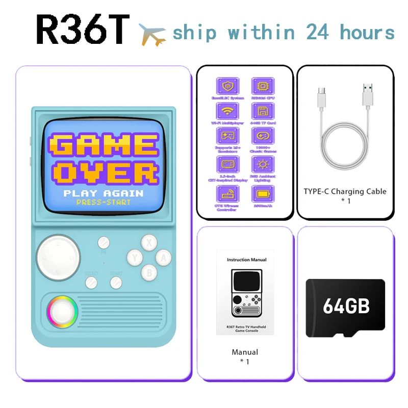 وحدة تحكم ألعاب محمولة R36T ريترو، شاشة CRT 3.5 بوصة، نظام EmuELEC، 64 جيجابايت مدمج 18000 لعبة كلاسيكية، تدعم 5G Wi