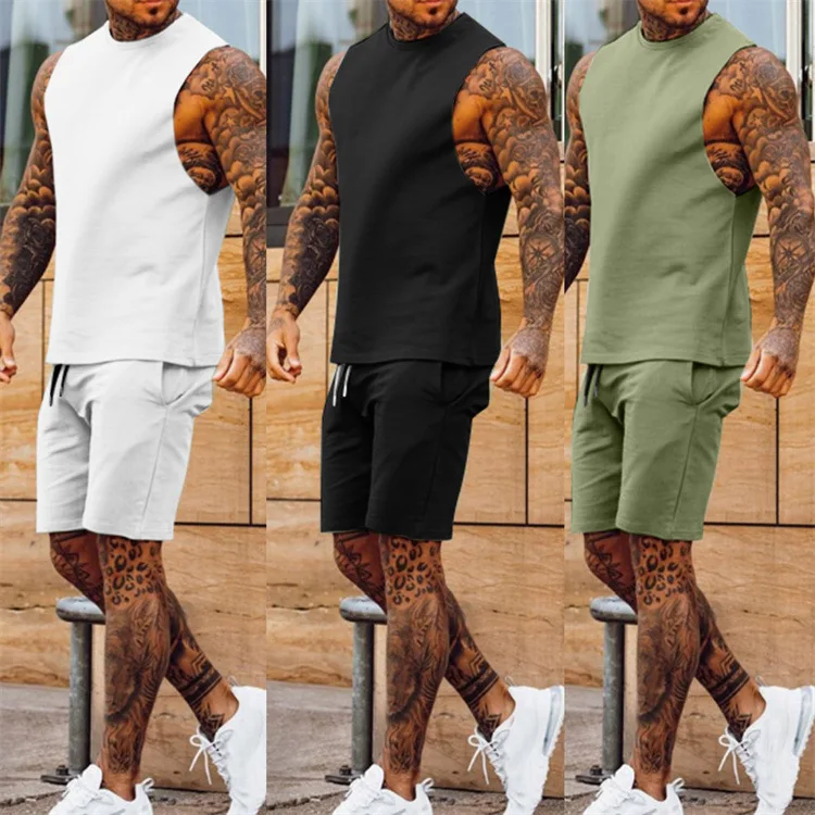 

Tank Tops Sleeveless Tees Men Sets Solid Pockets Casual Sports Knee Length Pants Loose Fit Draw String Summer Two Pieces