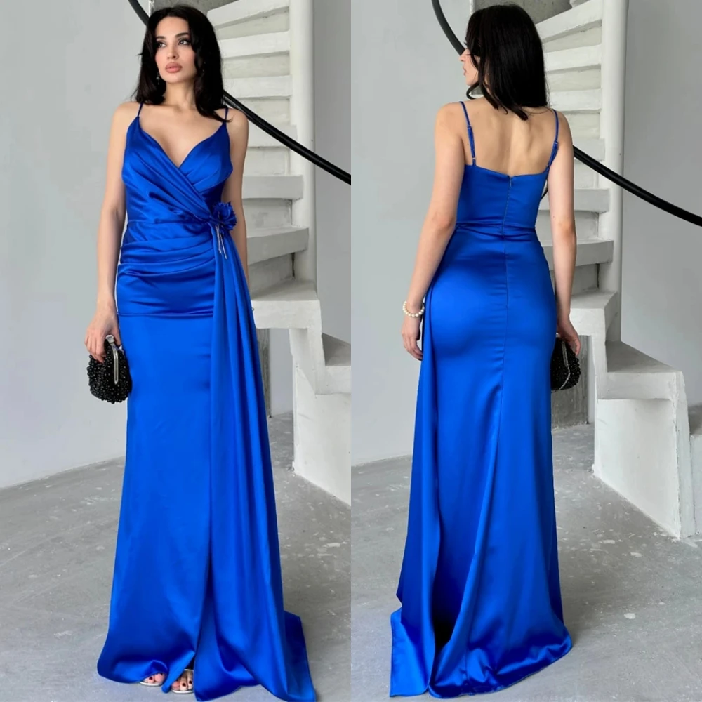 

Customized Elegant Satin Sleeveless Evening Dress Exquisite V-Neck Prom Dresses Delicate Sweep Train Special Occasion Gowns