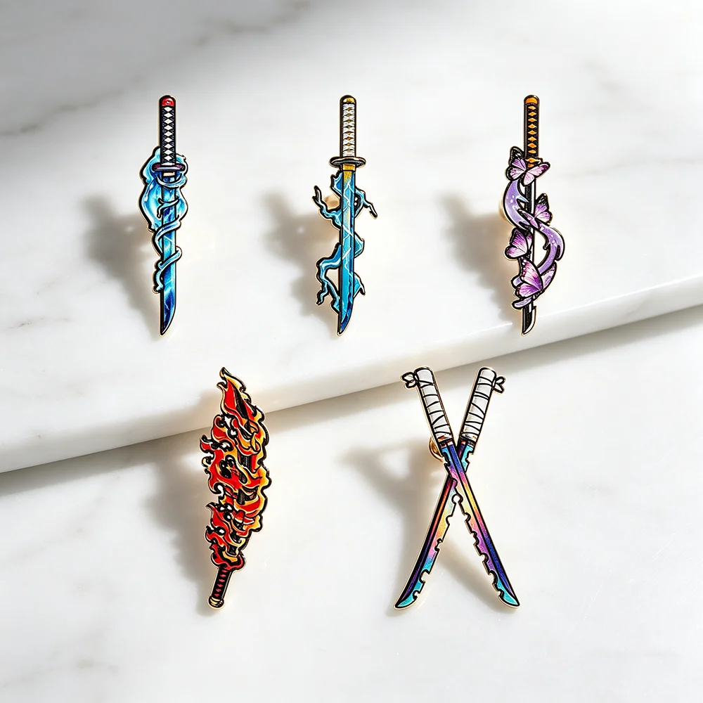 5pcs Demon Slayer Nichirin Sword Enamel Pins Set Anime Collectible Brooches Kimetsu No Yaiba Themed Lapel Pins for Fans - view 4