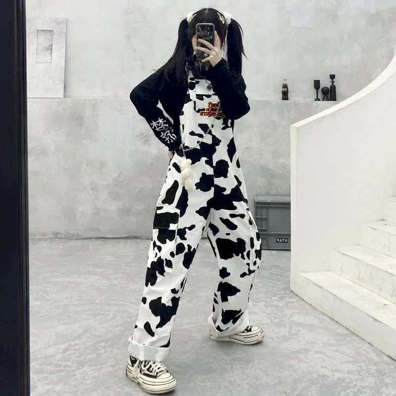 

Jumpsuits for Women Harajuku Wide Leg Pants Vintage Cow Stripes One Piece Outfit Women Clothes Safari Style Loose Casual Romper