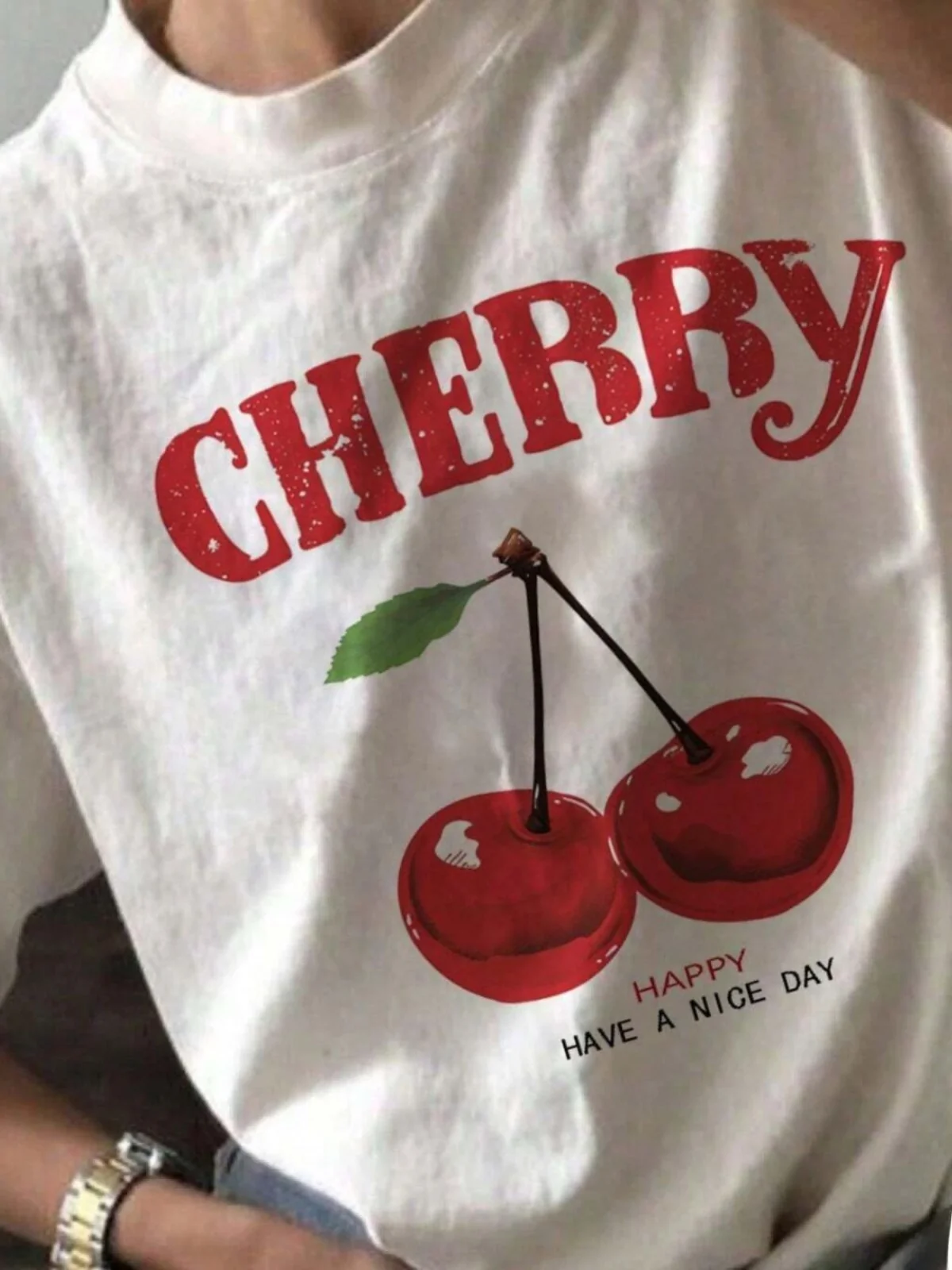 チェリープリントラウンドネック半袖ストリートスタイルルーズフィットTシャツレディースサマーカジュアルシャツ8-35歳