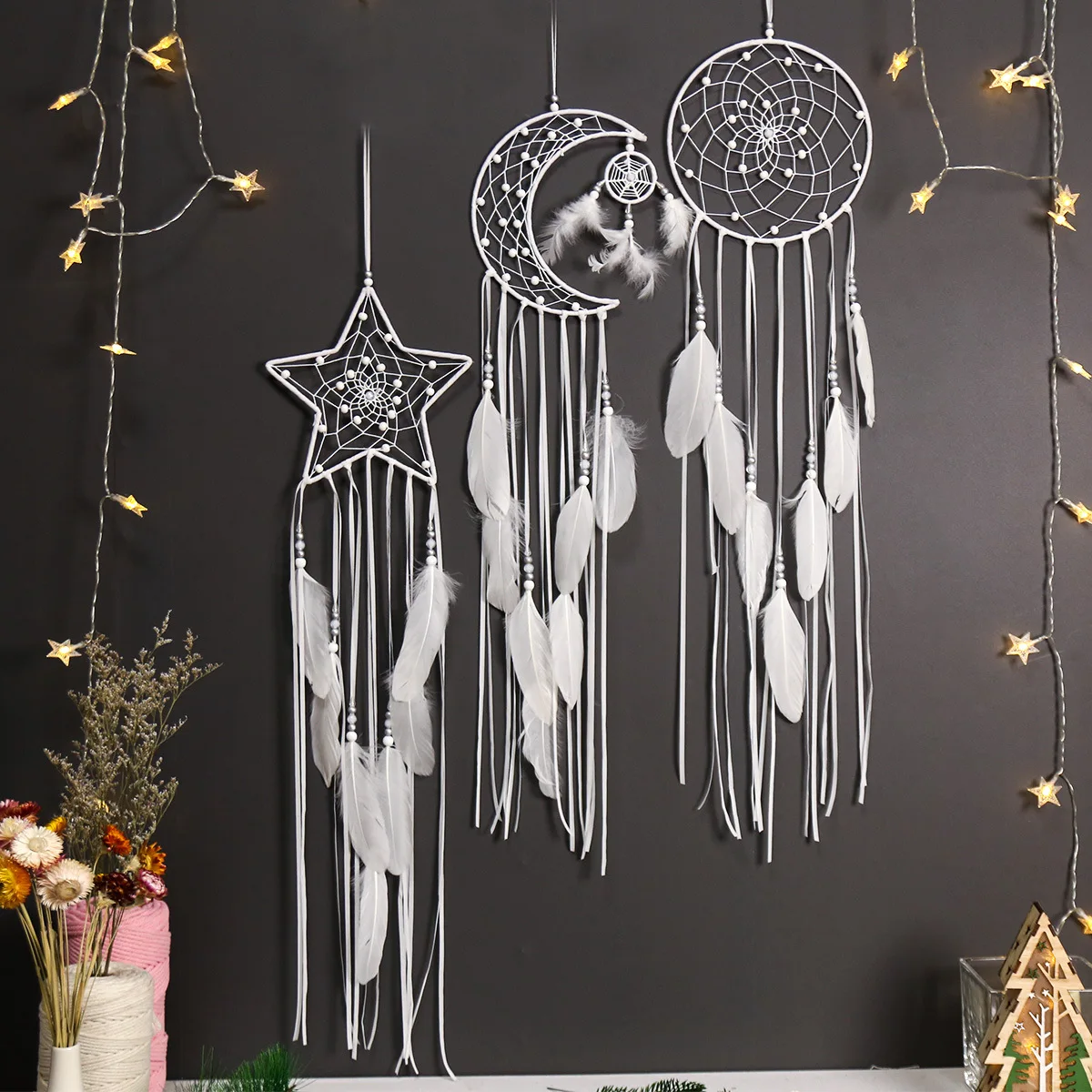 

Moon and Star Dream Catcher Bohemian Macrame Wall Hanging Home Tapestry for Living Room Girls Kids Nursery Ornament Decoration