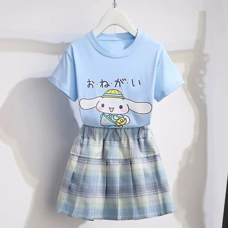 Sanrio MyMelody Cinnamoroll Summer Dress For Teenagers Cartoon Kawaii Girl Clothes T-Shirt+Plaid Skirt 2pcs Kids Uniform Outfits