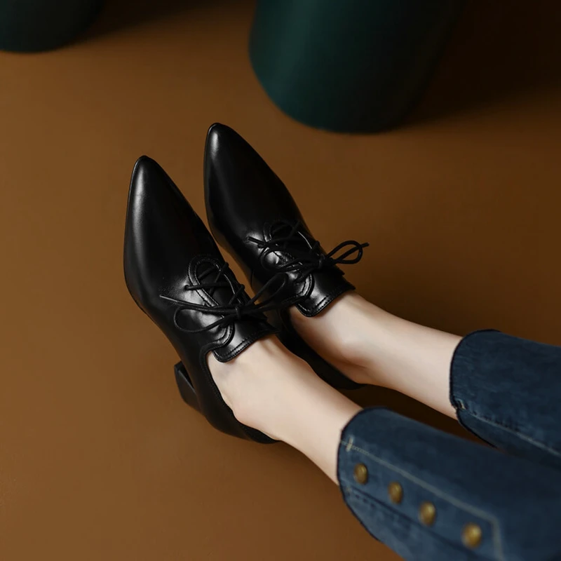 NEW Spring/Autumn Women Shoes Pointed Toe High heels Split Leather Chunky Heel Pumps Plus Size Retro Lace Up Black Shoes Women