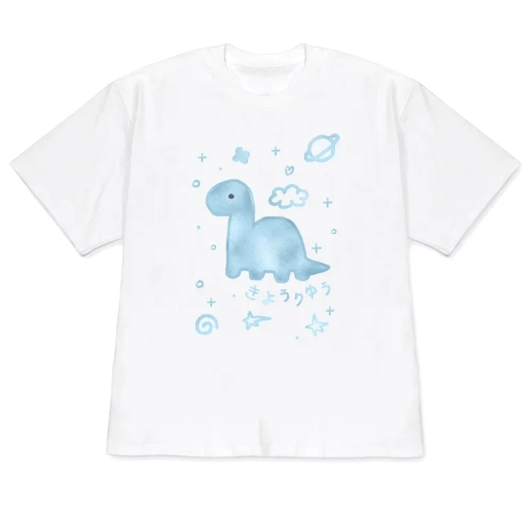 Minimalist Cute Dinosaur Doodle Graphic T-Shirt Kawaii Space Print Short Sleeve Casual Tee for Women Y2k Korean Versatile Tops