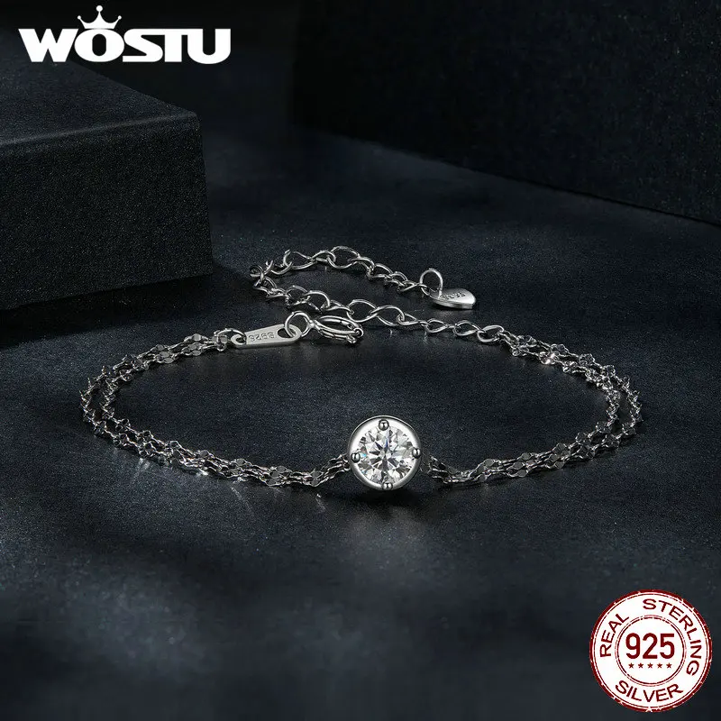 WOSTU 5MM 0.5CT Moissanite Double Layer Chain Bracelet Women 925 Sterling Silver Wedding Link Bracelets GRA Certified Jewelry