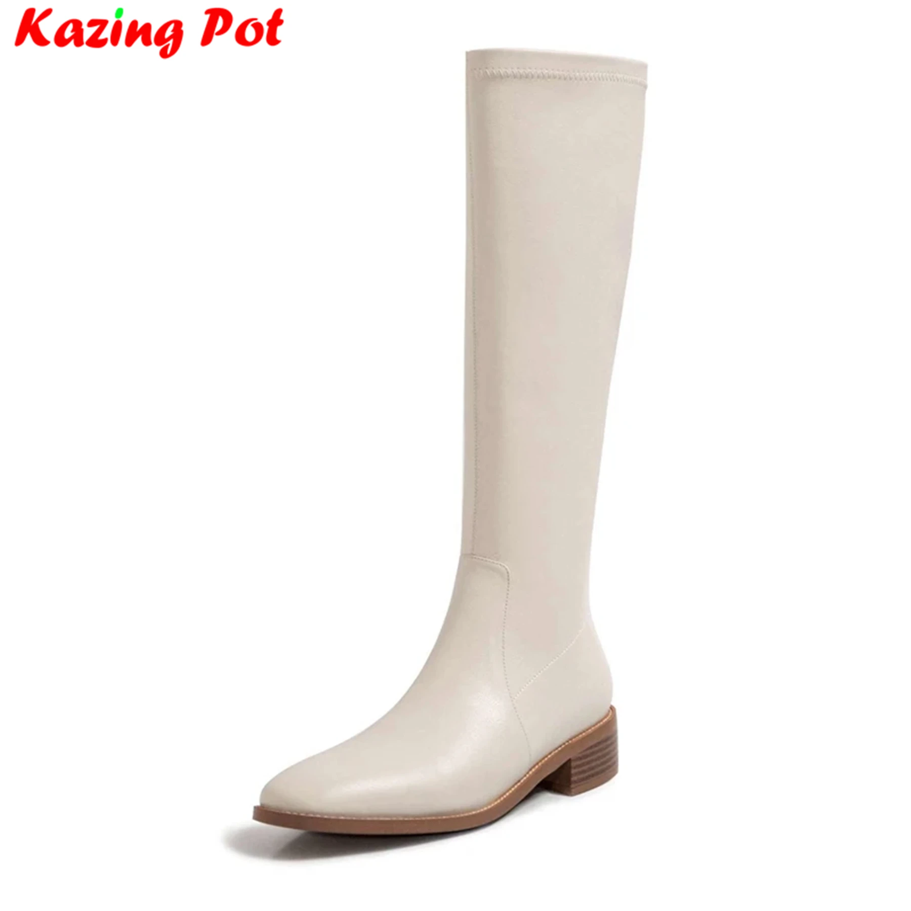 Krazing Pot Big Size Cow Leather Square Toe Med Heel Winter Shoes Keep Warm European Style Simple Solid Stretch Knee-high Boots