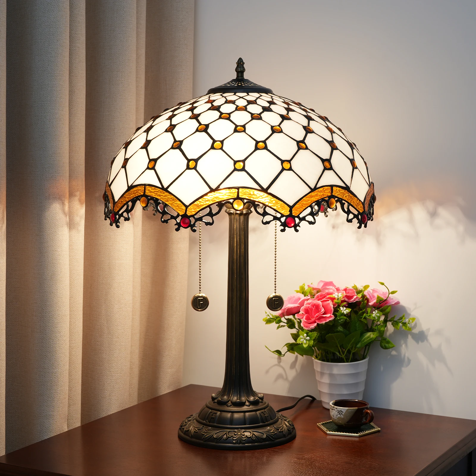 Stained Glass Table Lamp 2-Light 16 Inches Beige Beads Antique Style Desk Lamp Decor for Bedrooms Living Room Study Home Office