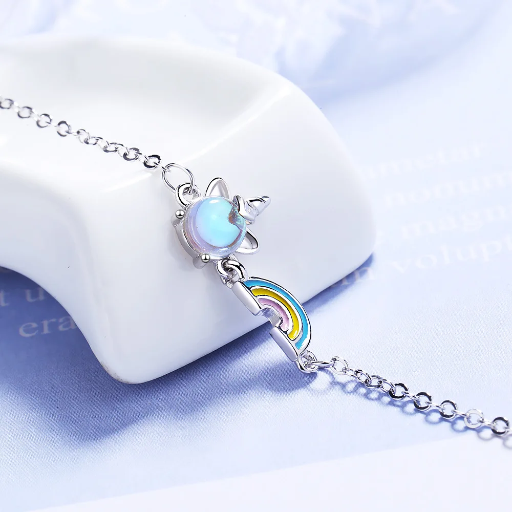 925 Sterling Silver Opal Rainbow Unicorn Charm Bracelets & Bangle For Women Wedding Party Jewelry Gift 2022 New Trendy