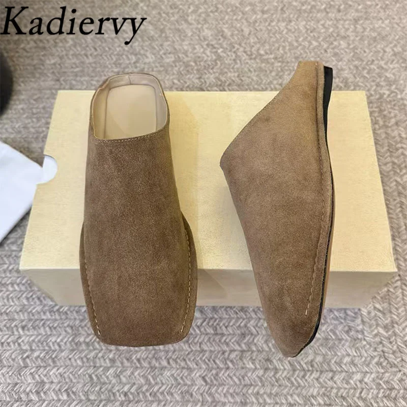 

Весенне-летние женские шлепанцы из замши, кожаные мюли, женские сабо с квадратным носком, уличный стиль, полушлепанцы для женщин