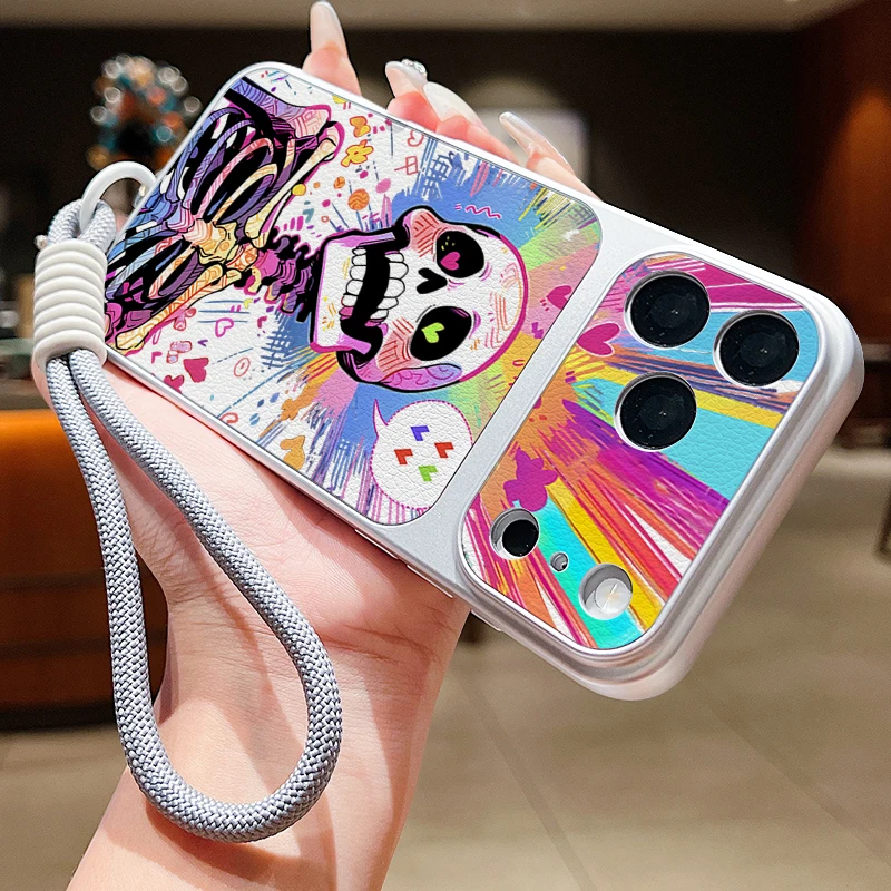 Leather Texture Phone Case For iPhone 17 Pro 16 15 14 13 Pro Max Creative Skull Pattern Wrist Strap Lanyard Soft TPU Matte Cover