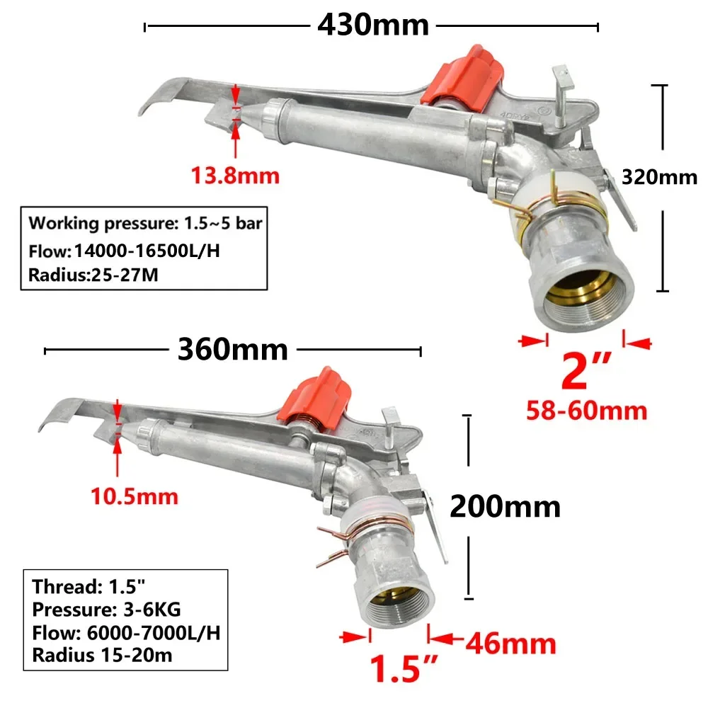 1.5 2 Inch Garden Irrigation Female Thread Long Spray Distance Sprinkler Head Farm Big Covering Range Watering Gun Rocker Nozzle