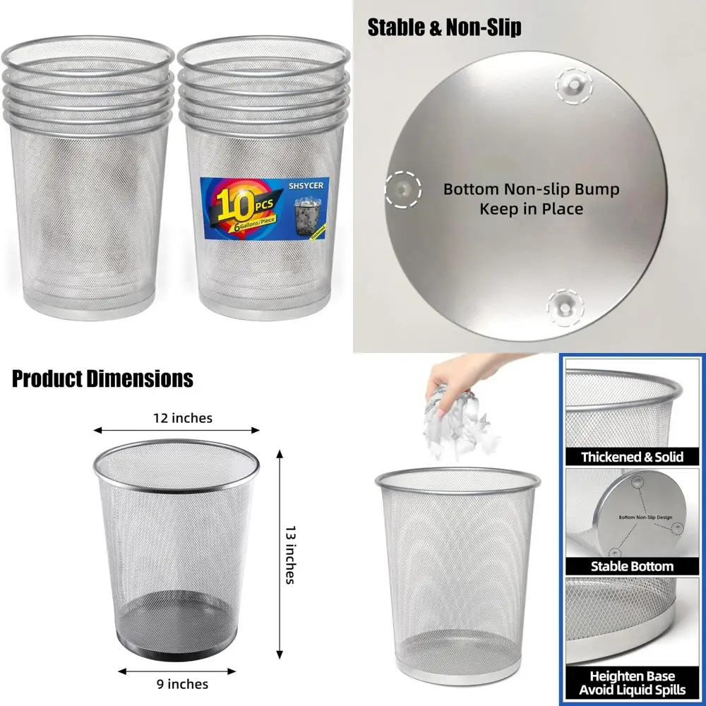 

Mesh Office Trash Cans 10-Pack, 6 Gallon Capacity, Open Metal Wire Wastebaskets for Deskside Use, Small Size, Suitable for Offic