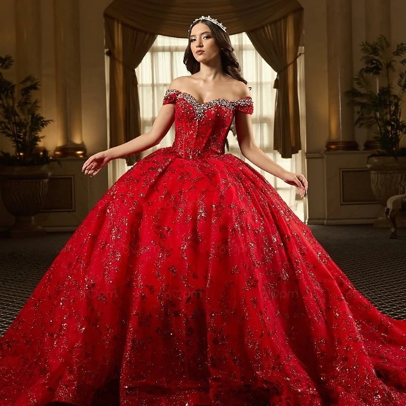 

Red Shiny Quinceanera Dresses Off The Shoulder Sequin Applique Lace Beading Crystal Bow Tull Party Birthday Sweet 16 Dress Vesti