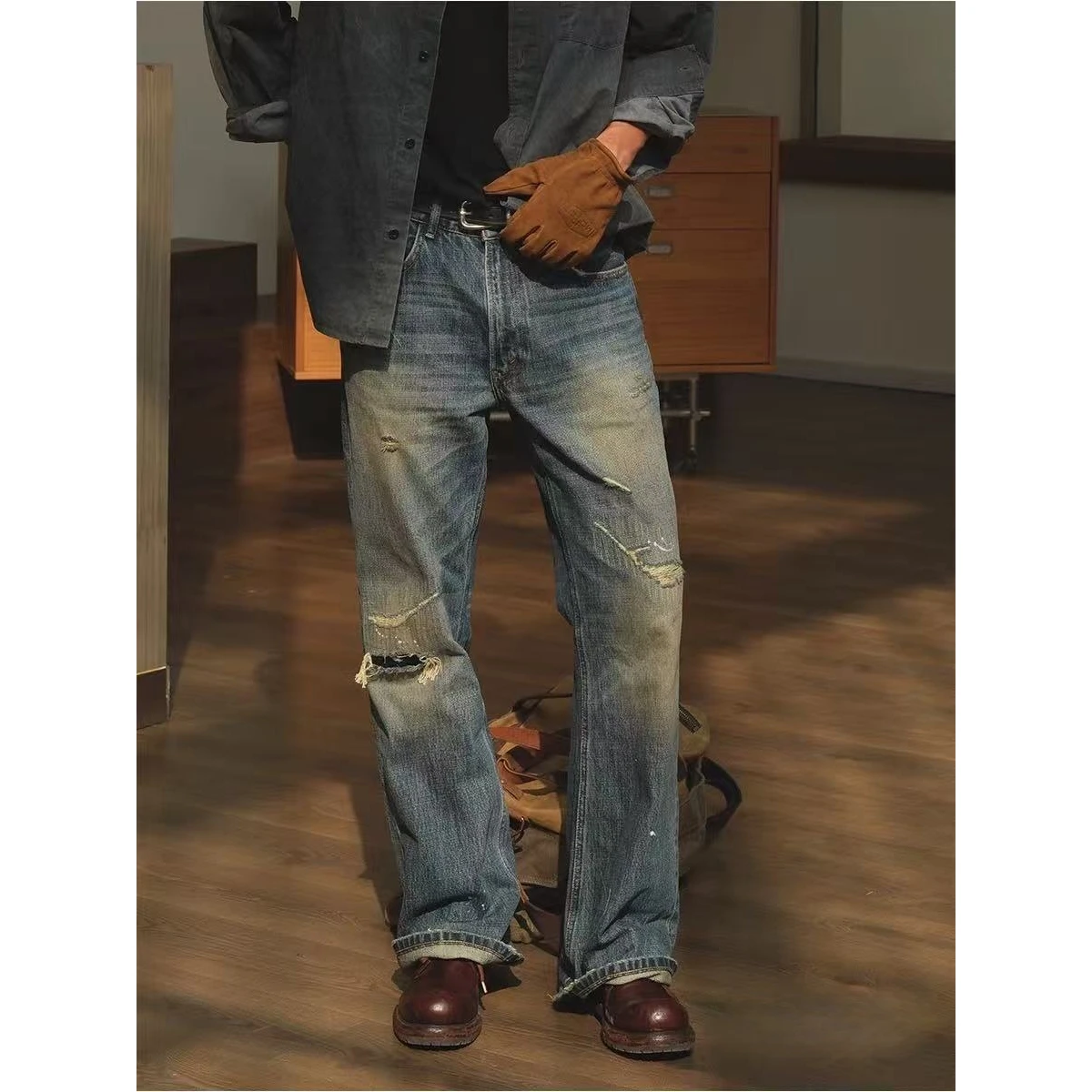 Men's Jeans Distressed Ripped Torn Faded Ombre Wash Straight Leg Non Stretch Long Men's Pants Streetwear Fashionable Trendy