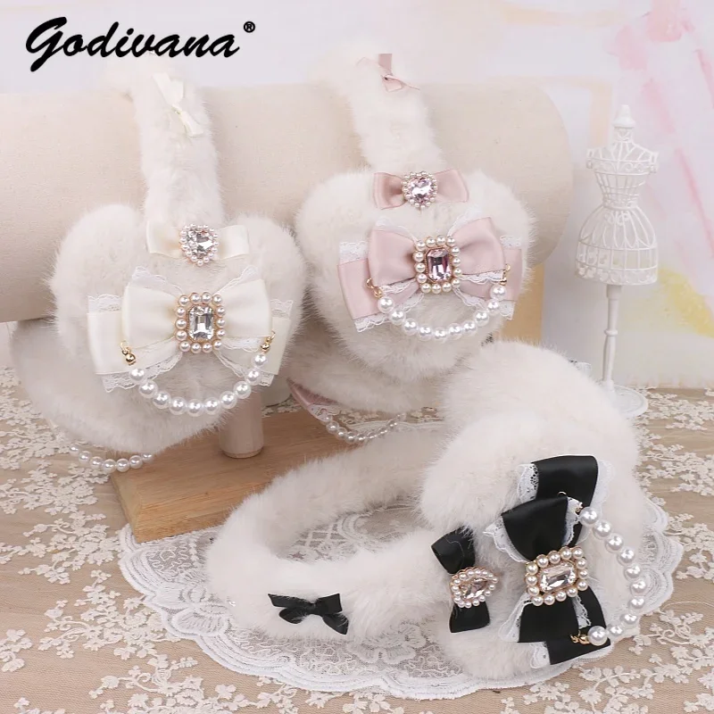 Handmade Sweet Cute Girls Earmuffs New Winter Japanese Mines Series Hairy Love Bow Rhinestone Warm Kawaii Earmuffs for Women