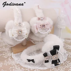 Feito à mão japonês doce mina peludo strass grande amor arco quente earmuffs lolita doce meninas earmuffs