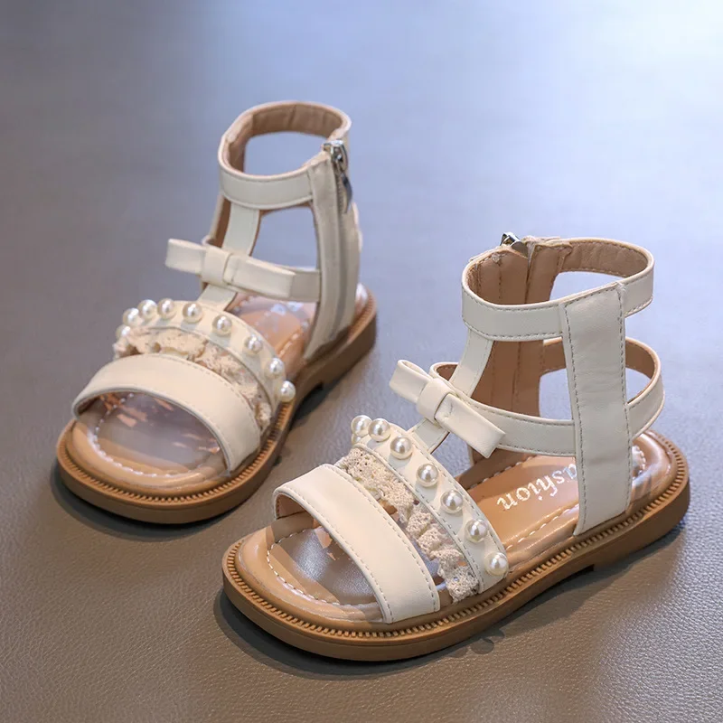 

Children's Sandals Summer Girls' Roman Sandals Fashion Lace Pearl Girl's Princess Sandals Soft Sole Non Slip Casual Beach Shoes